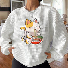 Kitty Print Waffle Lounge Top Crew Neck Long Sleeve Women's Pajama Top