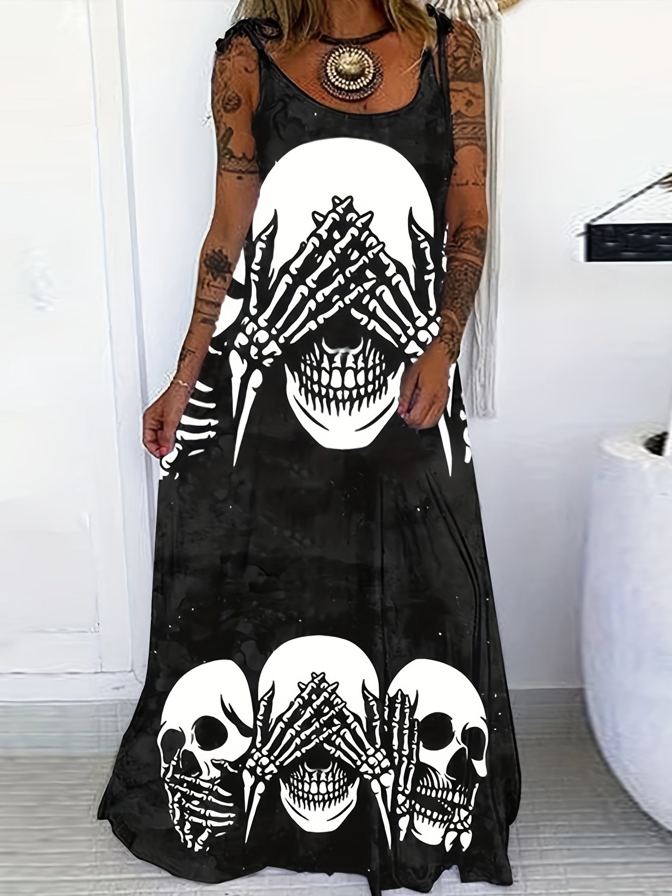  Skull Print Maxi Cami Dress