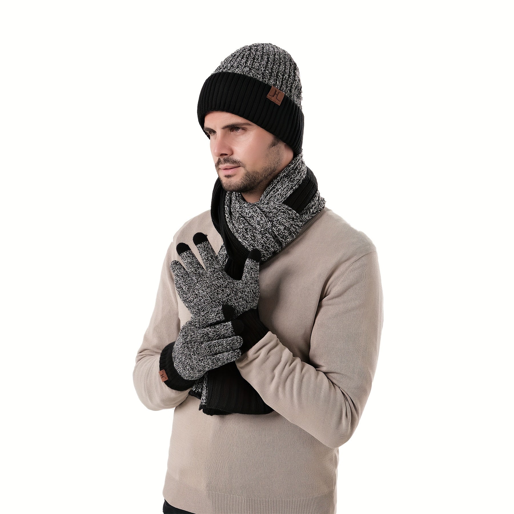 Jacquard Touch Screen Gloves Beanie Hat Scarf Set