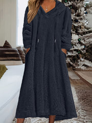 Solid Fleece Long Sleeve Hooded Dress