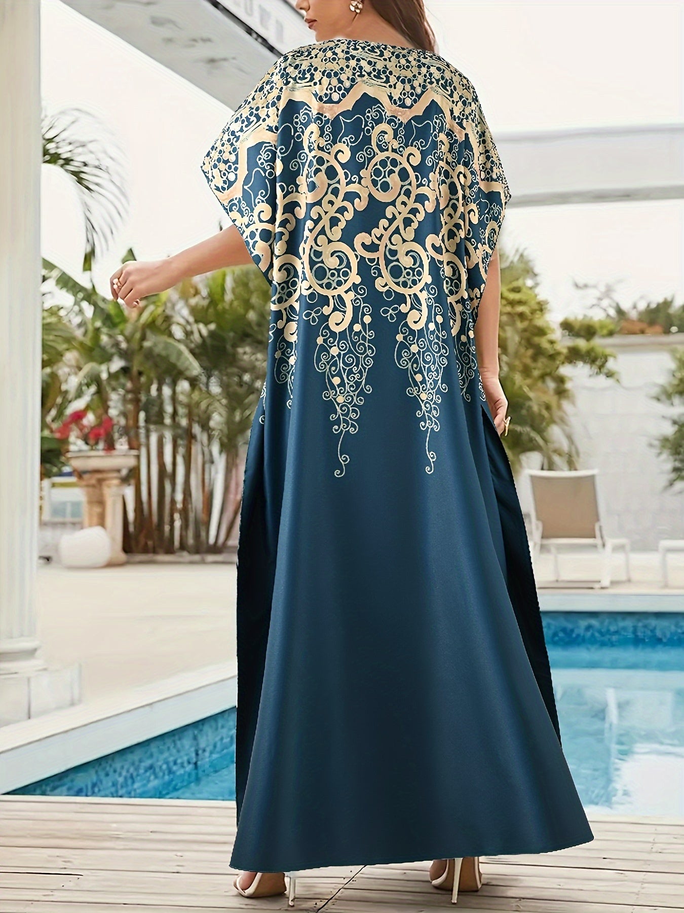 Boho Kaftan Dress Plus Size Baroque Print Maxi Cover Up