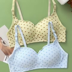 2pcs Girl's Polka Dot Print Push Up Thin Bras V Neck Adjustable Straps Bras