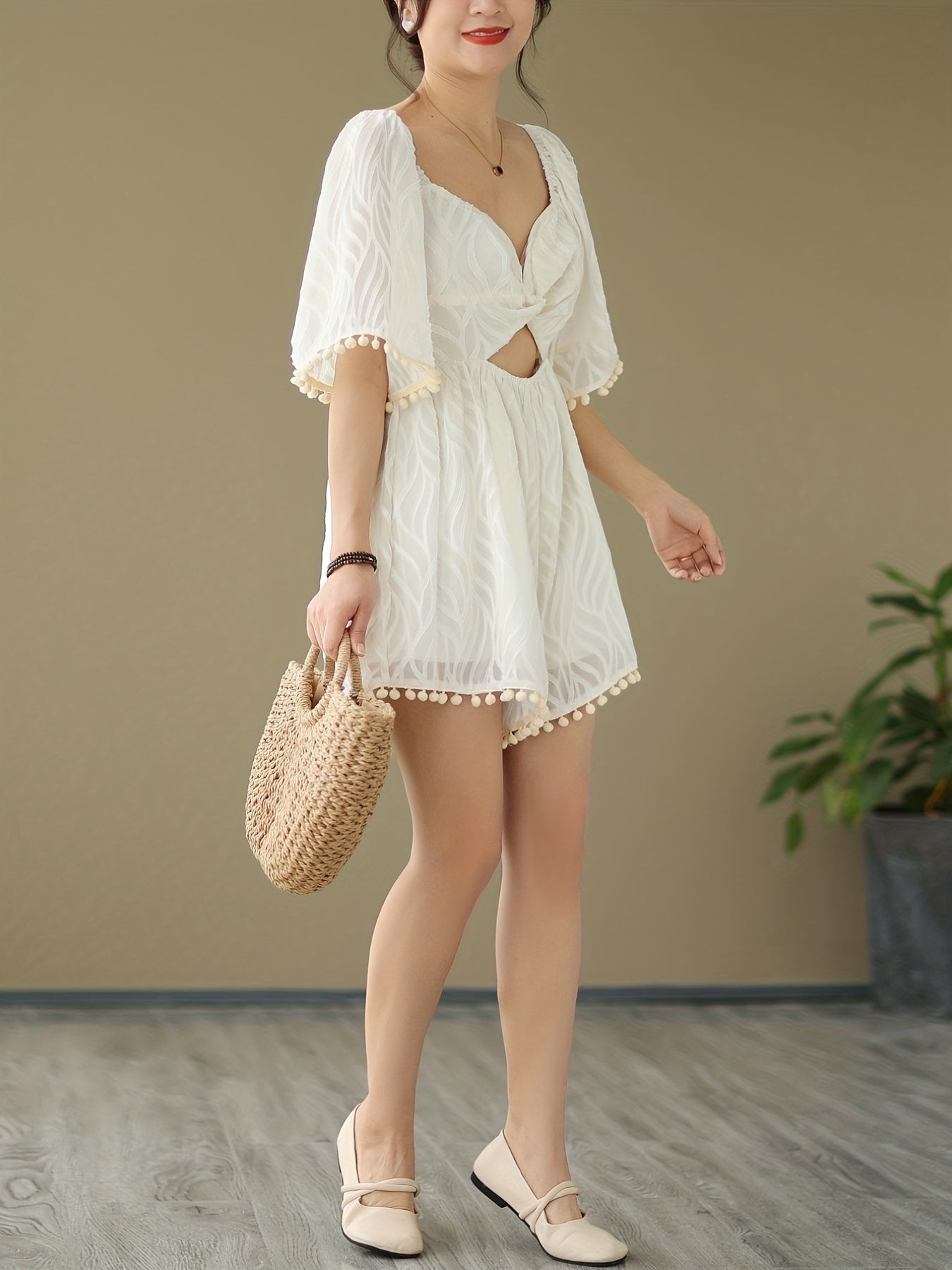 Pom Trim Cut Out Romper Jumpsuit Beach Short Sleeve Romper Jumpsuit