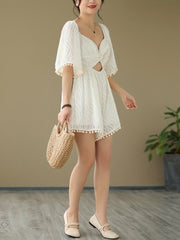 Pom Trim Cut Out Romper Jumpsuit Beach Short Sleeve Romper Jumpsuit
