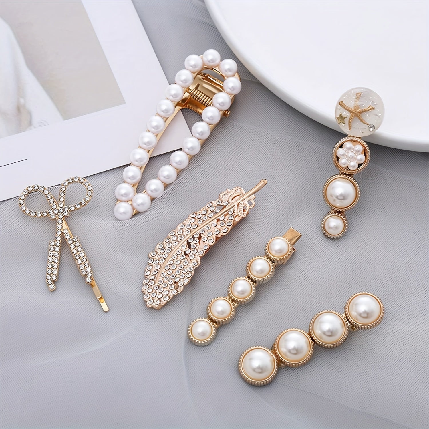 6pcs Faux Pearls Hair Clips Bling Hair Pins Headwear For Girls