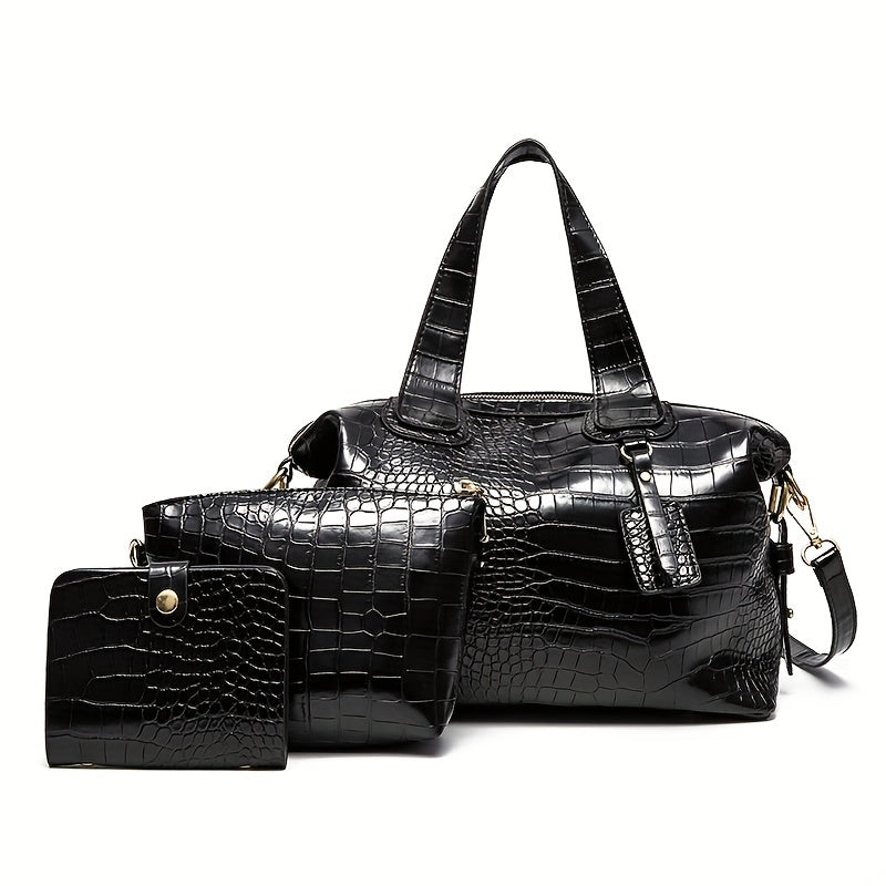 3Pcs Crocodile Embossed Bag Set Handbag With Crossbody Bag & Card Holder