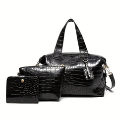3Pcs Crocodile Embossed Bag Set Handbag With Crossbody Bag & Card Holder