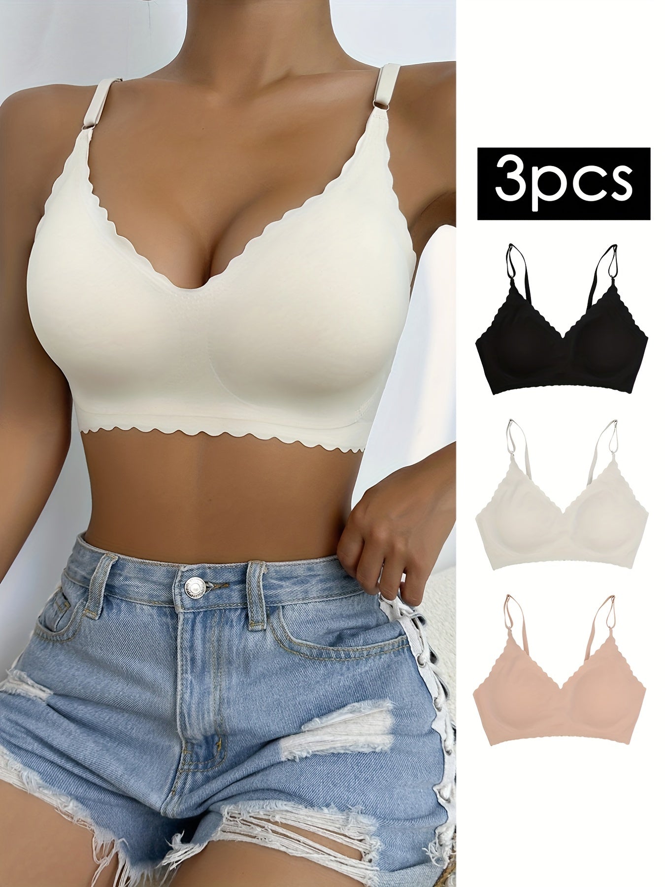 3pcs Wavy Trim Seamless Bralettes Wireless Intimates Bras