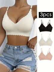 3pcs Wavy Trim Seamless Bralettes Wireless Intimates Bras
