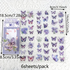 6 Sheets Floral Butterfly Stickers Self Adhesive Decals with Golden Accents