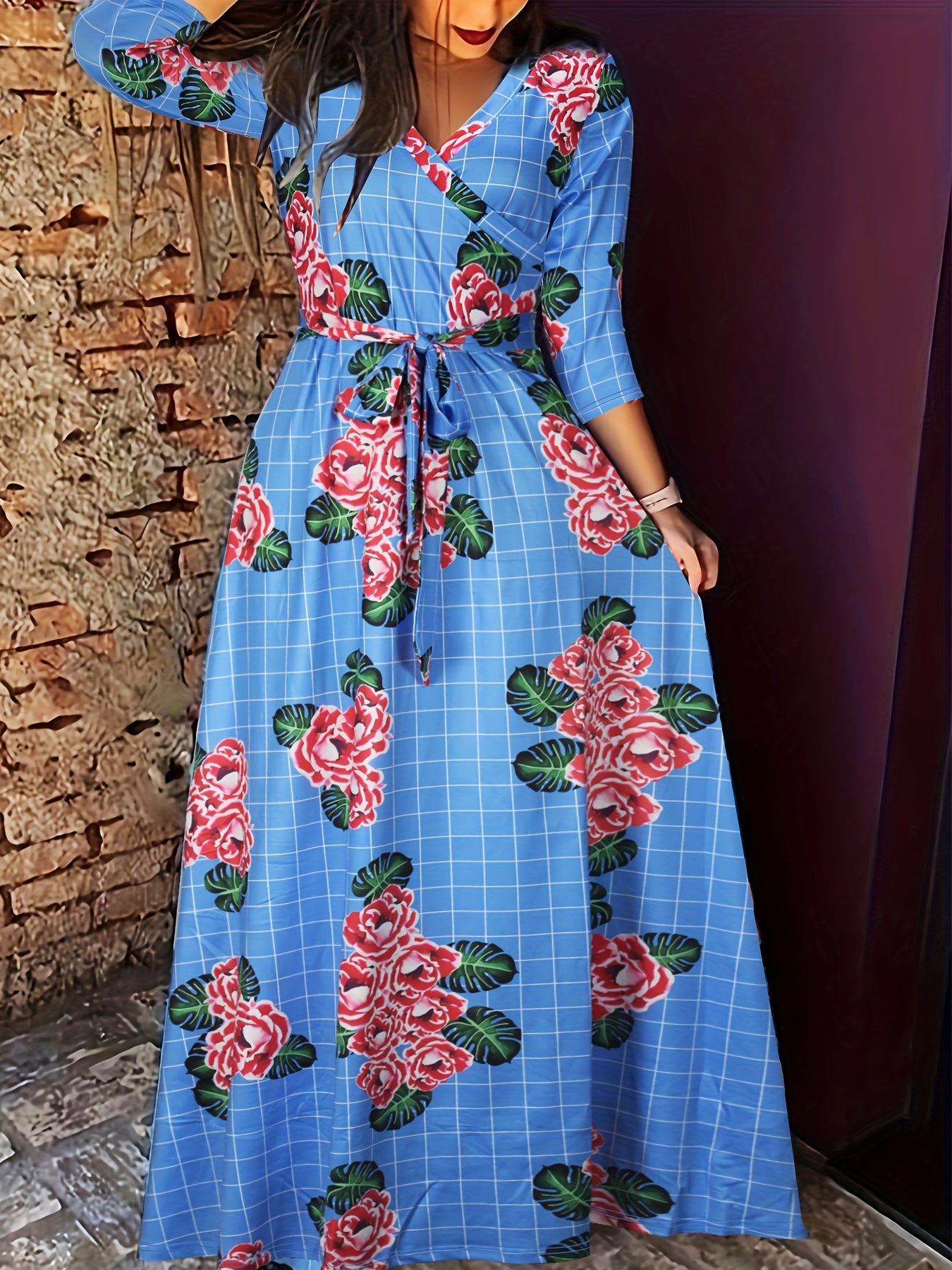  Floral & Grid Print Side Knot Sleeve Maxi Dress