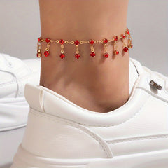 Boho Charm Anklet with Rhinestones Tassel Pendant