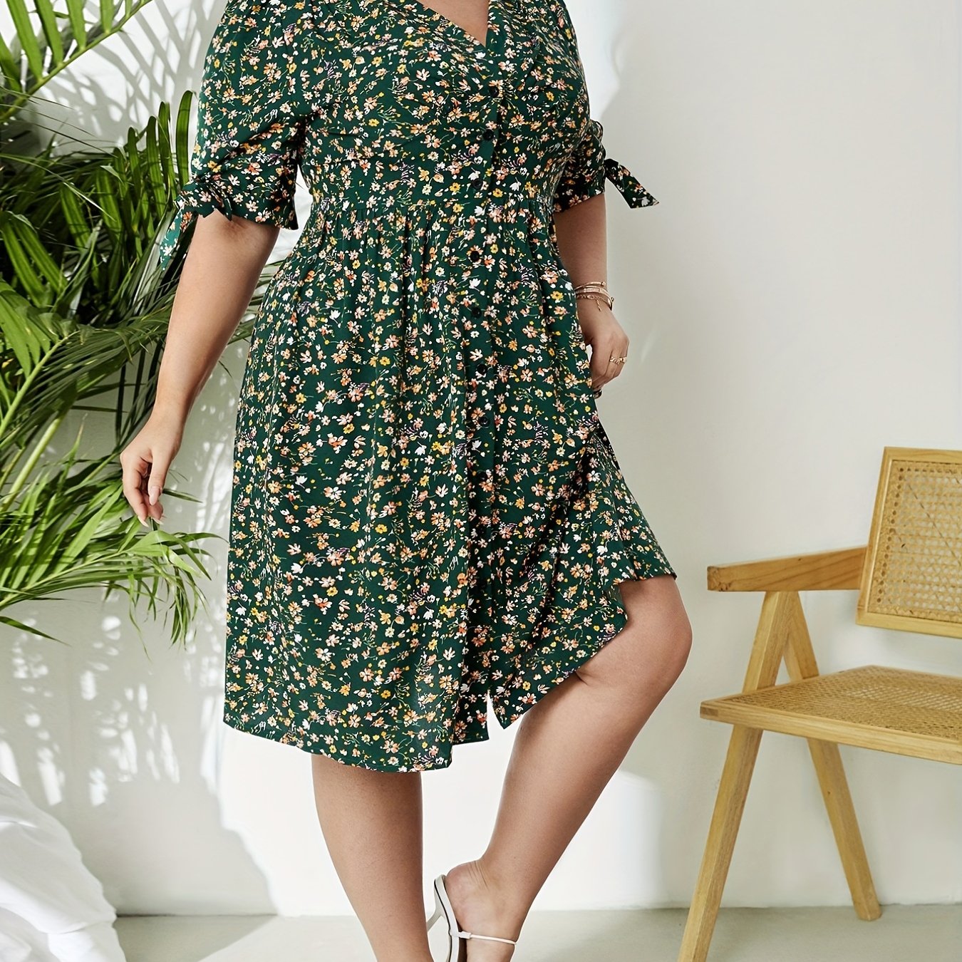 Women's Plus Floral Print Tie Puff Sleeve Maxi Dress