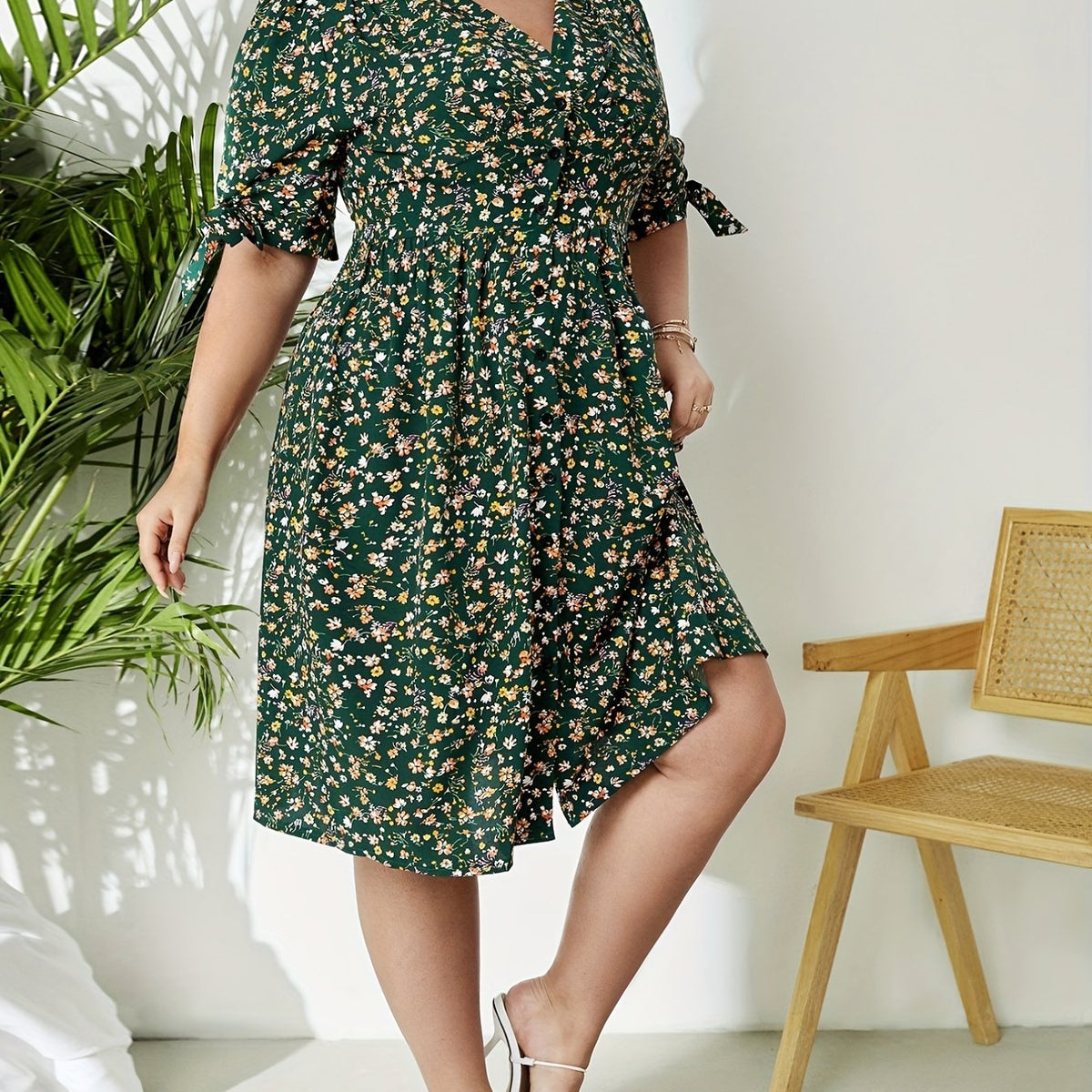 Women's Plus Floral Print Tie Puff Sleeve Maxi Dress