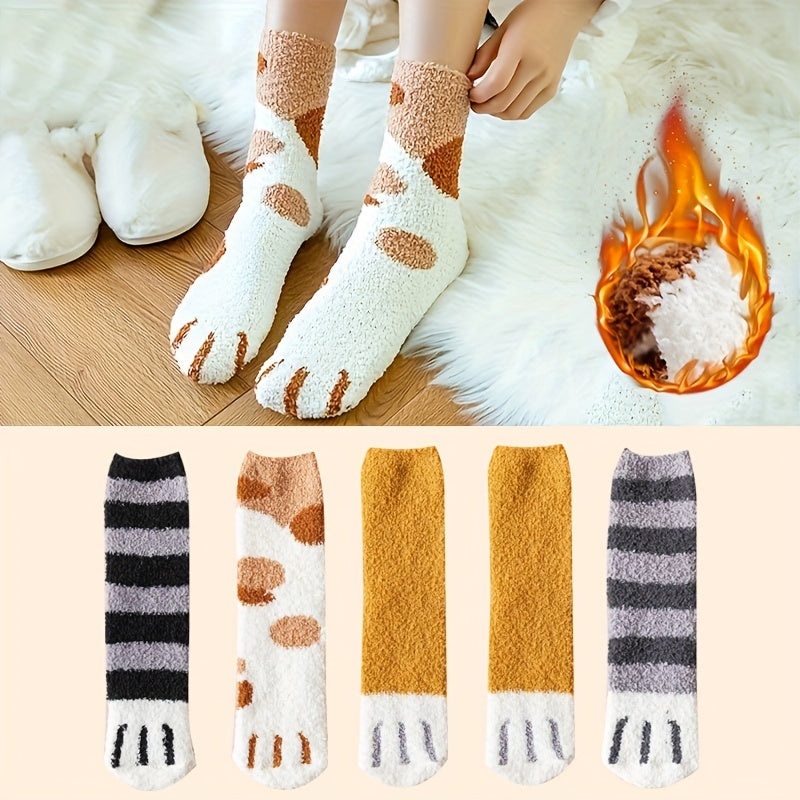 5 Pairs Cat Claw Print Socks Fuzzy Warm Women's Stockings