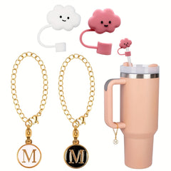 2pcs Round Letter Pendant for Cup Handle + 2pcs Dustproof Straw Covers