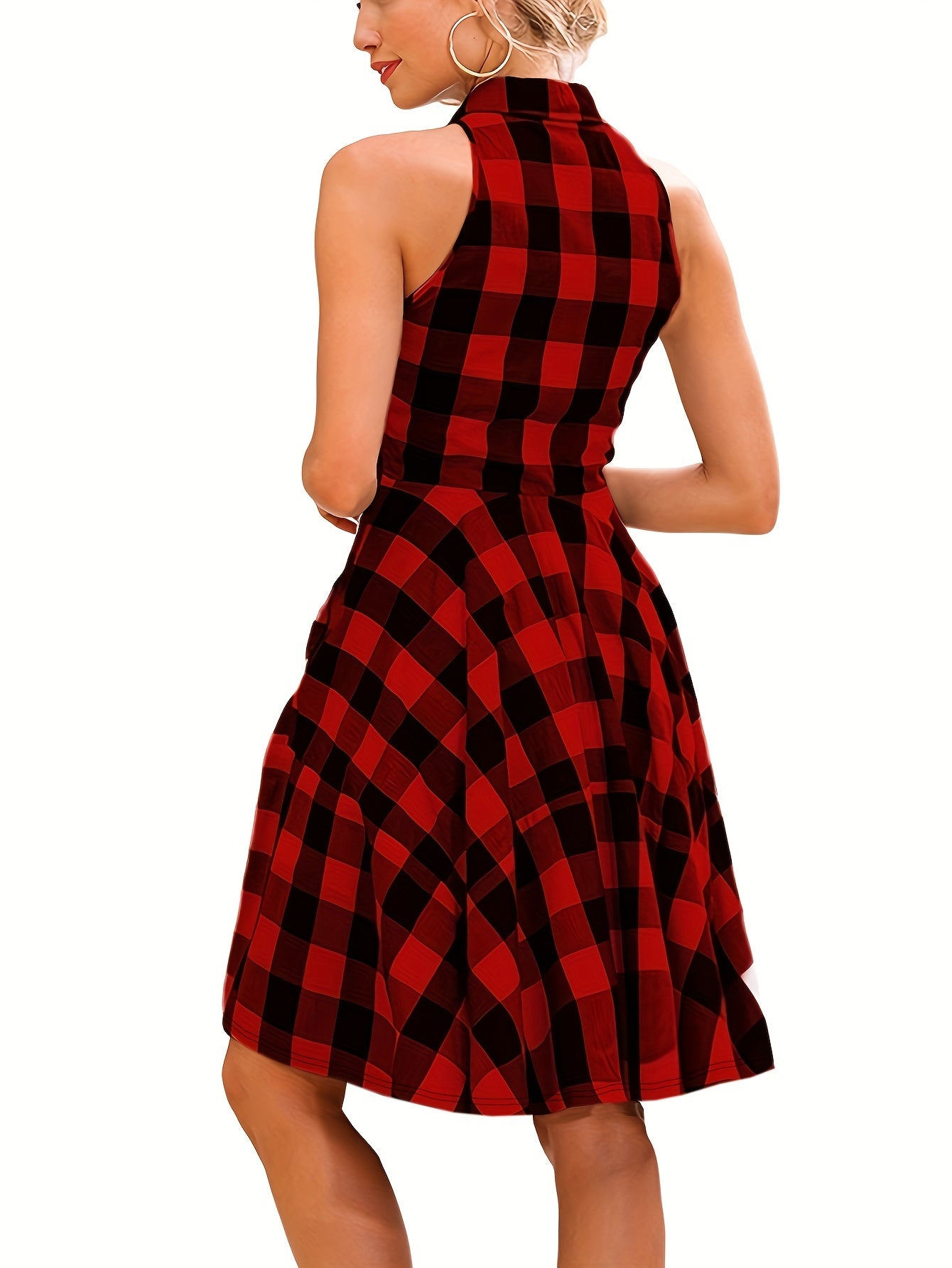  Plaid Print Button Up Lapel Collar Dress