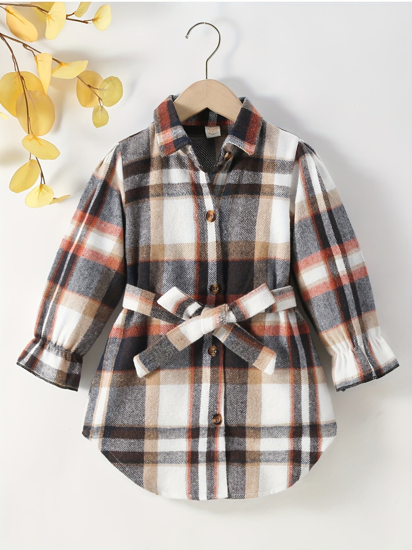 Girls Plaid Button Down Jacket with Belt