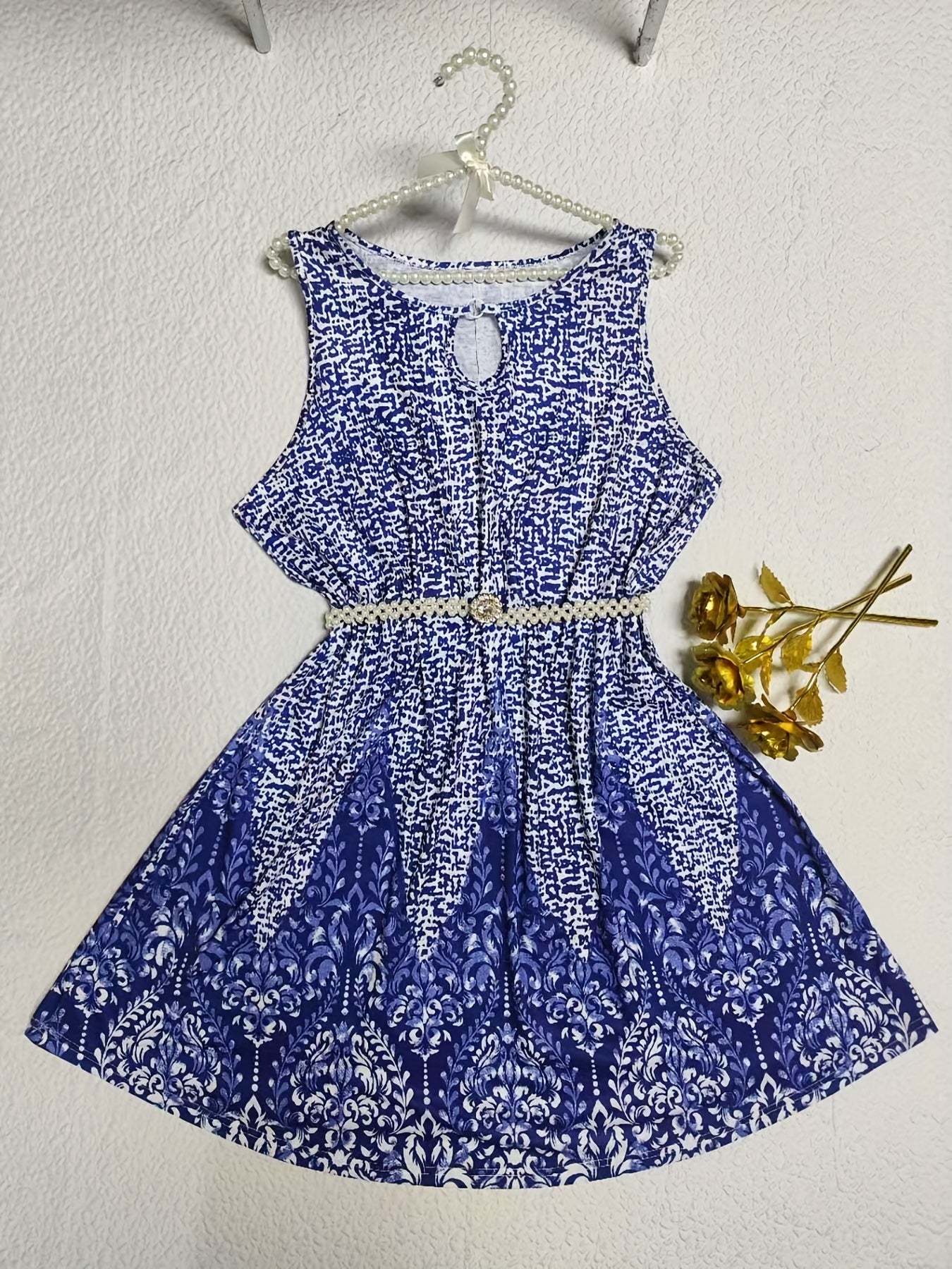  Colorblock Damask Print Tank Dress with Cut Out Ring Detail