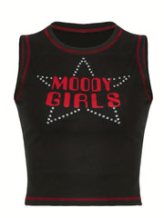 Letter & Star Pattern Crop Tank Top Y2K Crew Neck Sleeveless Top