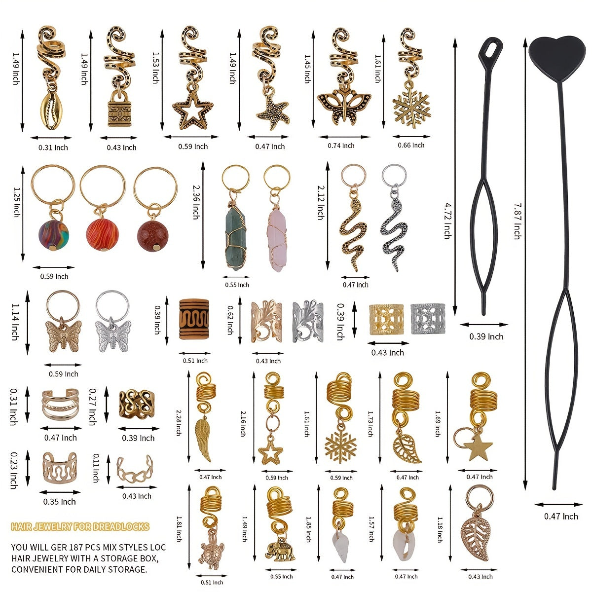 187pcs Butterfly Snake Beads Hair Jewelry Rings Metal Hair Cl