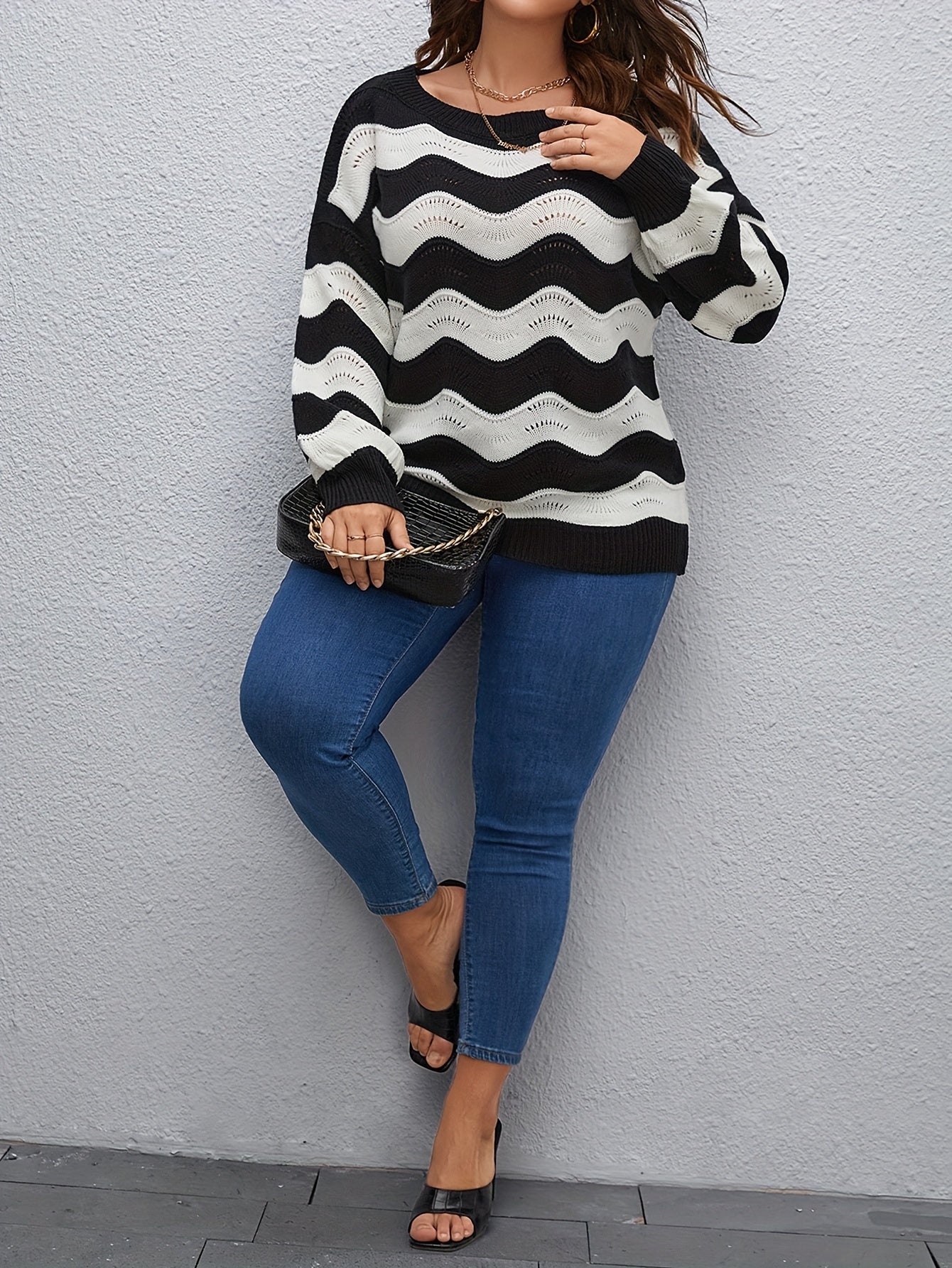  Casual Sweater Women's Plus Wave Pattern Long Sleeve Round Neck