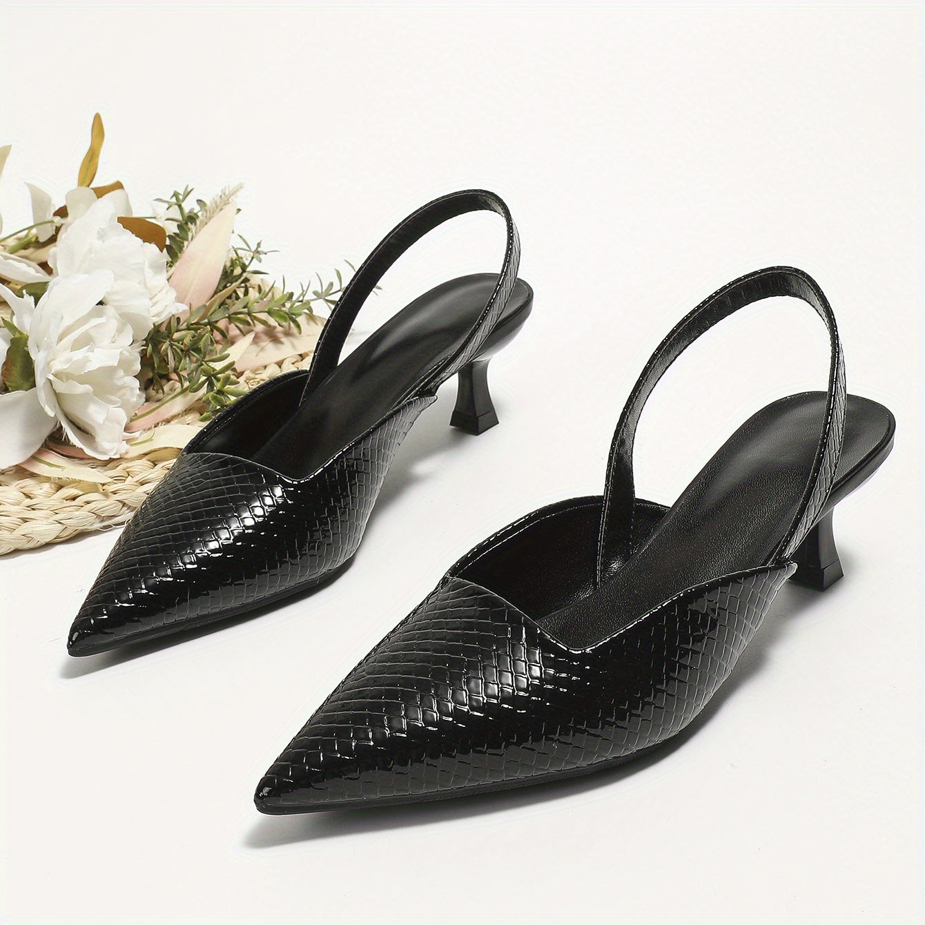 Women's Snakeskin Kitten Heels Pointed Toe Slip On Sandals Slingback Low Heels