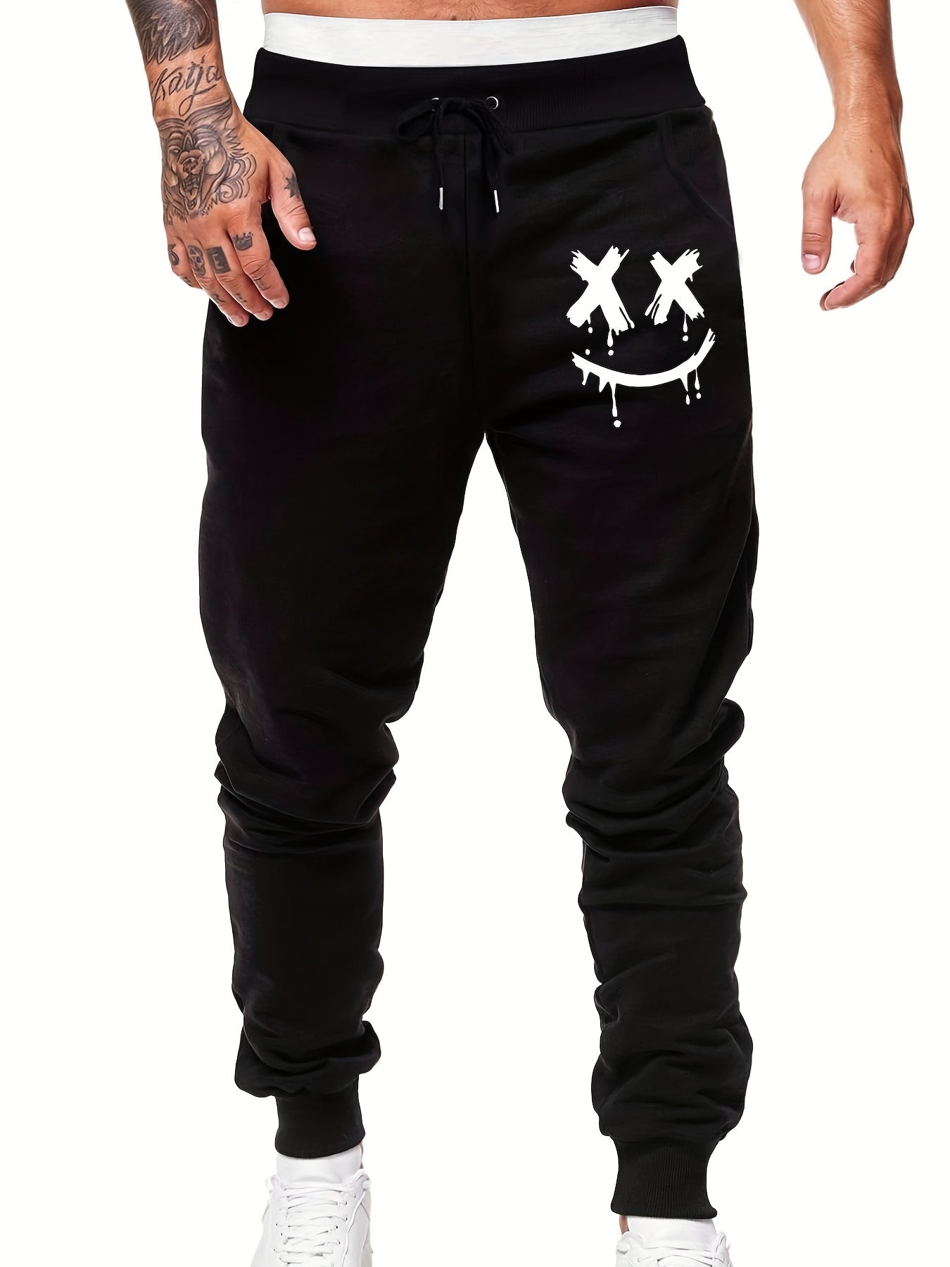 Smile Face Print Men's Sports Pants Casual Drawstring Jogging Trousers
