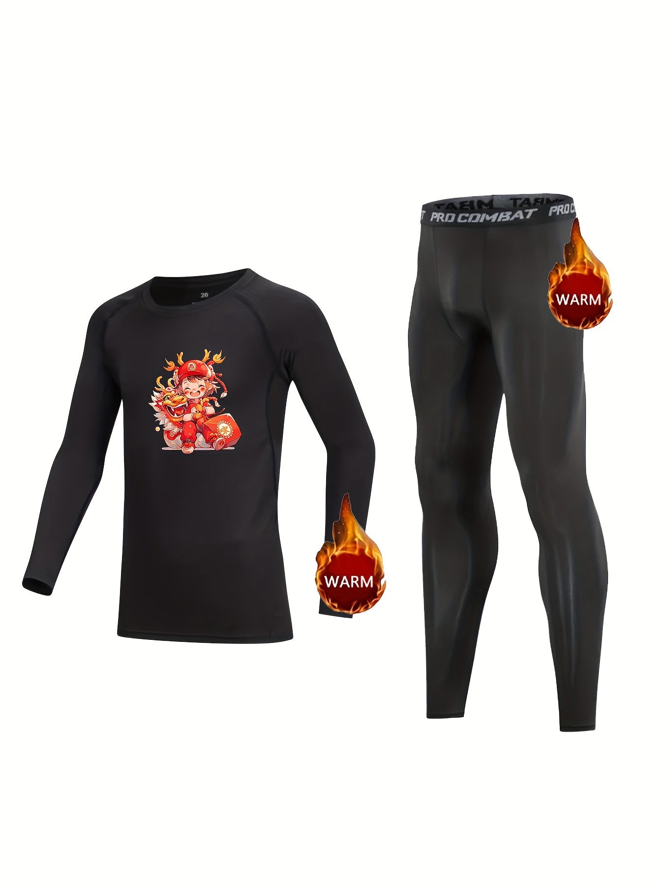 2pcs Kids Compression Fleece Sets Cartoon Pattern Pullover Elastic Waist Pants