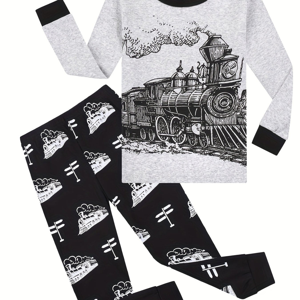 Boys' Train Print Pajama Set Cotton Long Sleeve Top & Pants