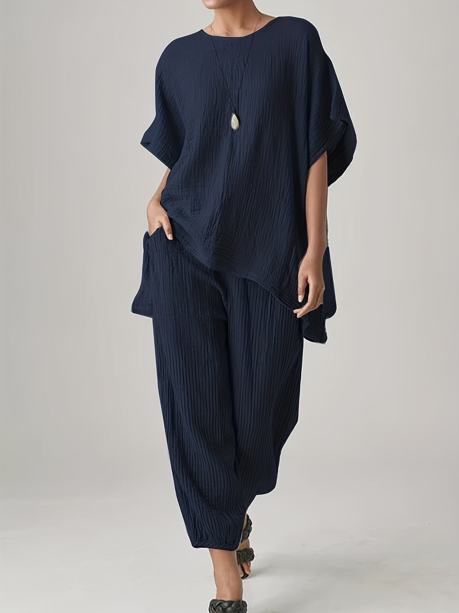  Solid Top & Wide Leg Pants 2 Piece Set