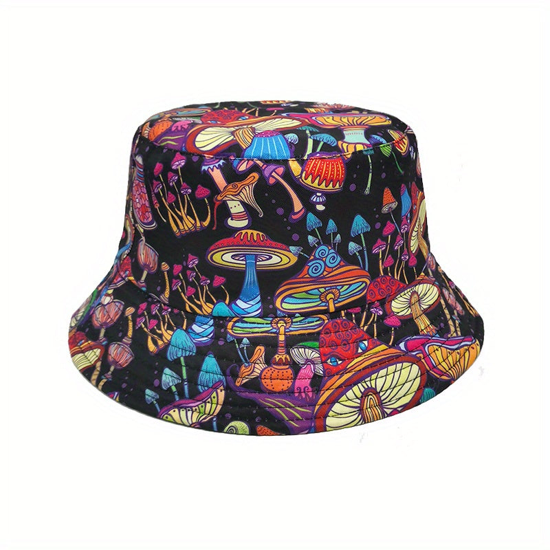 Mushroom Print Reversible Bucket Hat Hip Hop Casual Fisherman Cap Unisex