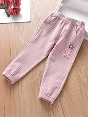 Girls Casual Striped Pants with Cartoon Print