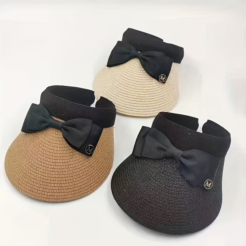 Bow Decor Sun Visor Hat Casual UV Protection Foldable Straw Sun Hat