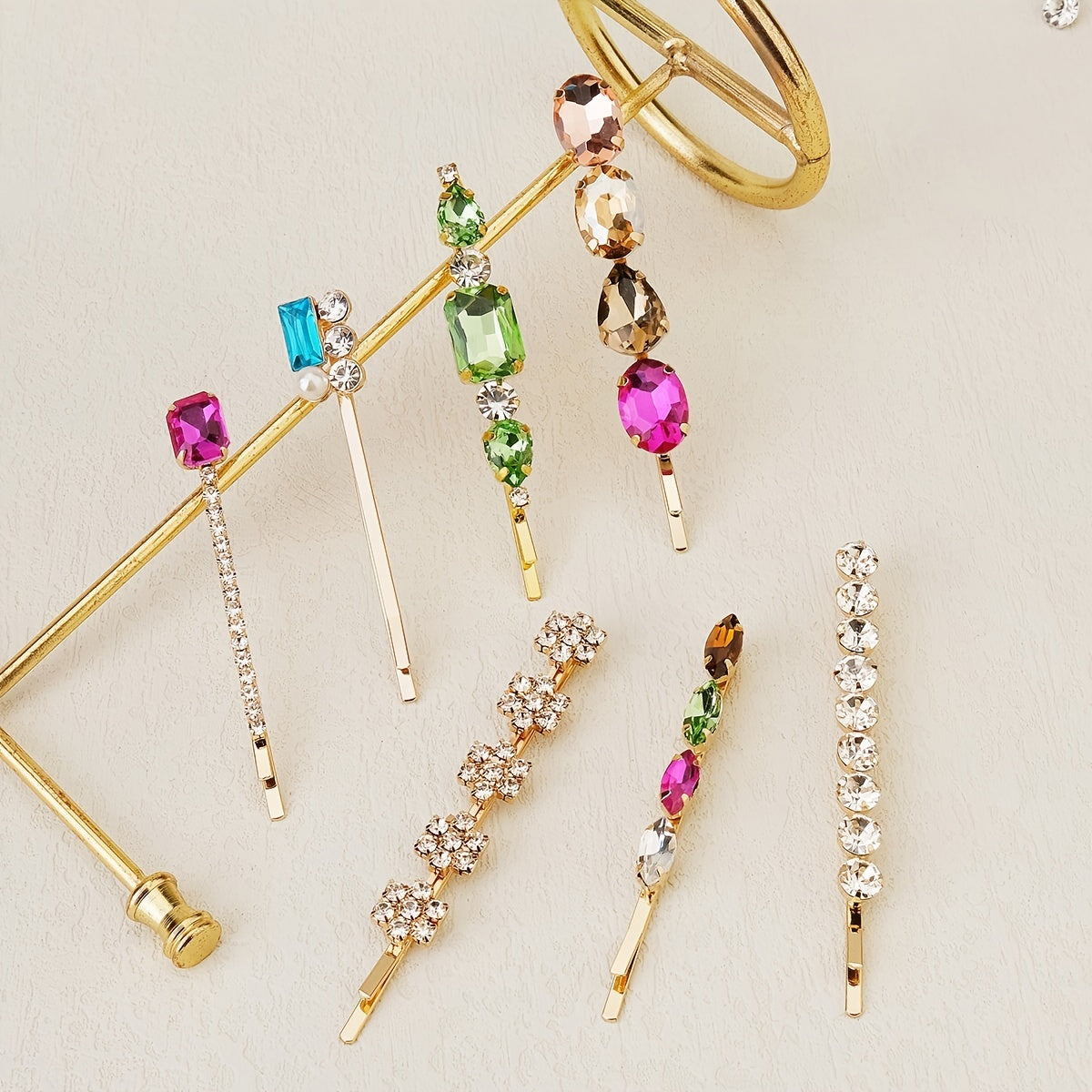 7pcs Colorful Rhinestone Hairpin Golden Hair Clip