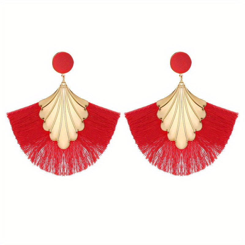 Fan Shape Tassel Retro Boho Dangle Earrings Alloy 18K Plated