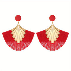 Fan Shape Tassel Retro Boho Dangle Earrings Alloy 18K Plated
