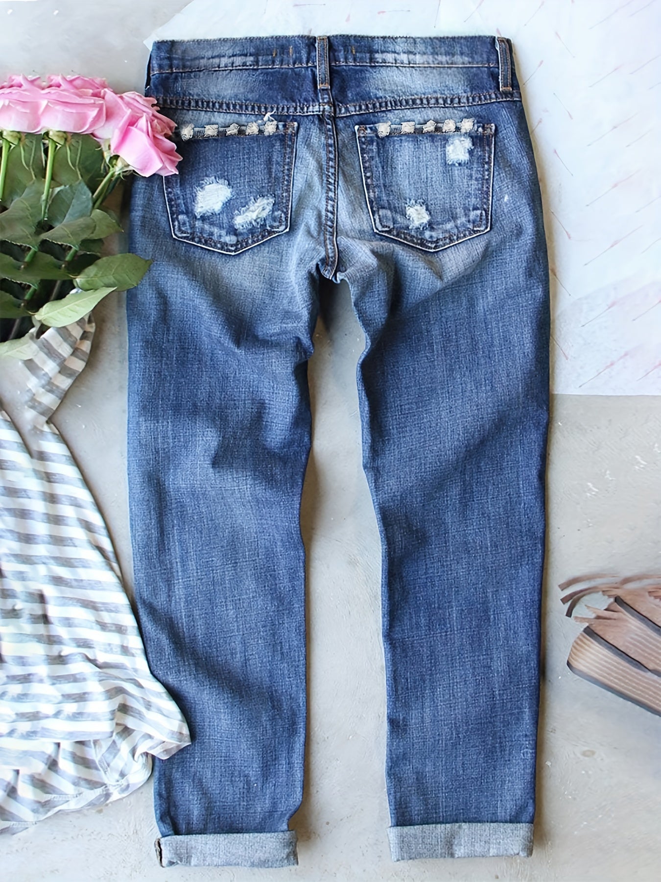  Daisy Print Leopard Patched Ripped Button Fly Jeans