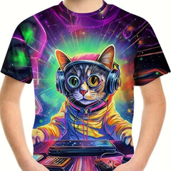 Cat DJ 3D Print Boy's T-Shirt Kids Casual Short Sleeve Breathable