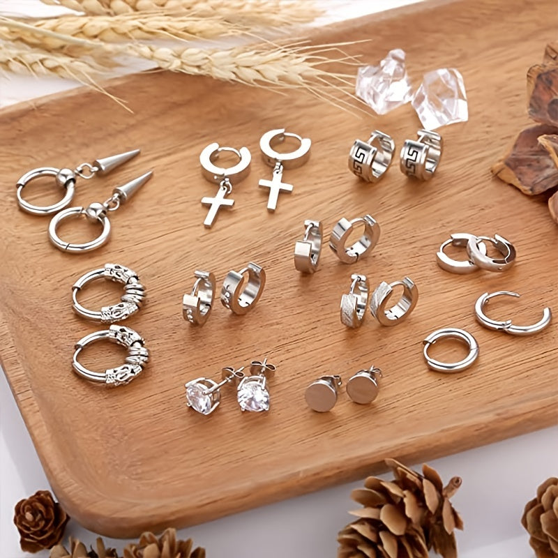 11 Pairs Stainless Steel Small Hoop Cross Hanging Earrings Set