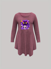  Cat & Skull Print Nightdress Long Sleeve Round Neck Sleep Dress