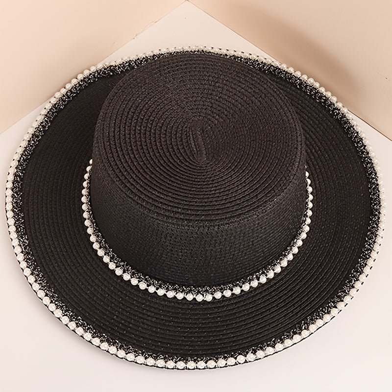 Faux Pearl Decor Sun Hat Flat Top Jazz Fedora Cap Women