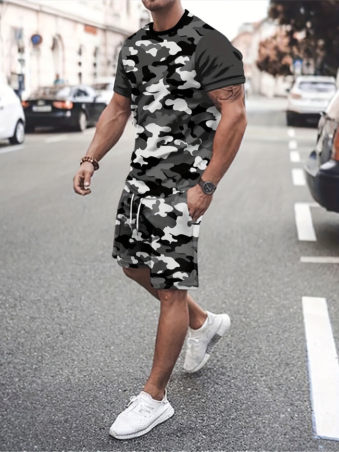 Camouflage Mens T-shirt & Drawstring Shorts Set Summer Outfit