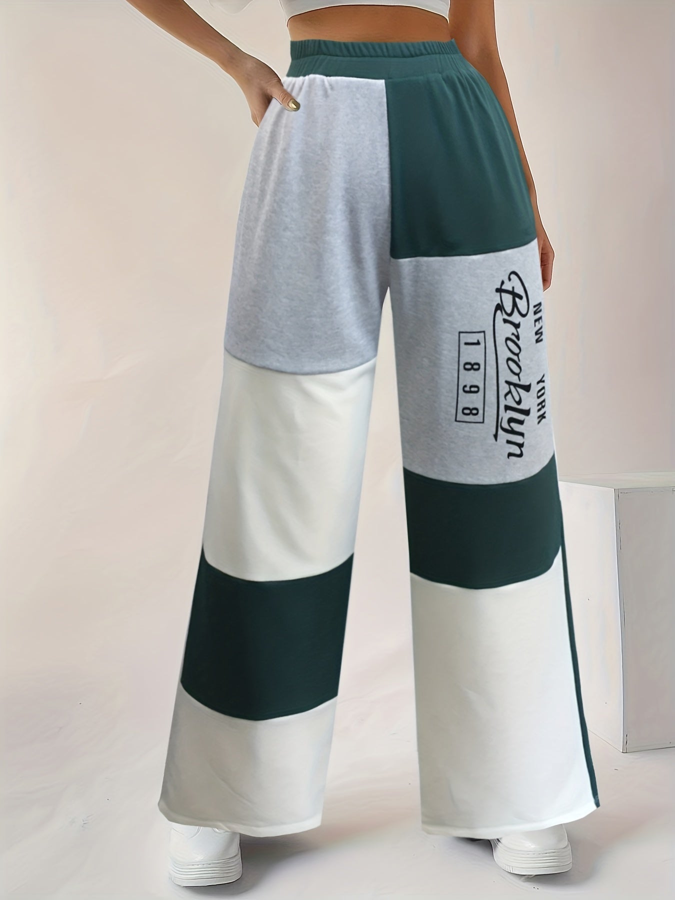 Colorblock Wide Leg Yoga Pants with Elastic Waist