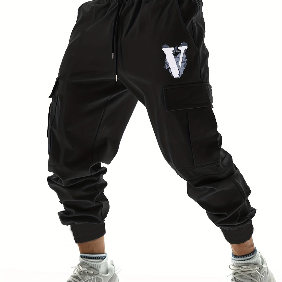 V Letter Print Casual Cargo Pants Men's Joggers for Spring