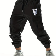 V Letter Print Casual Cargo Pants Men's Joggers for Spring