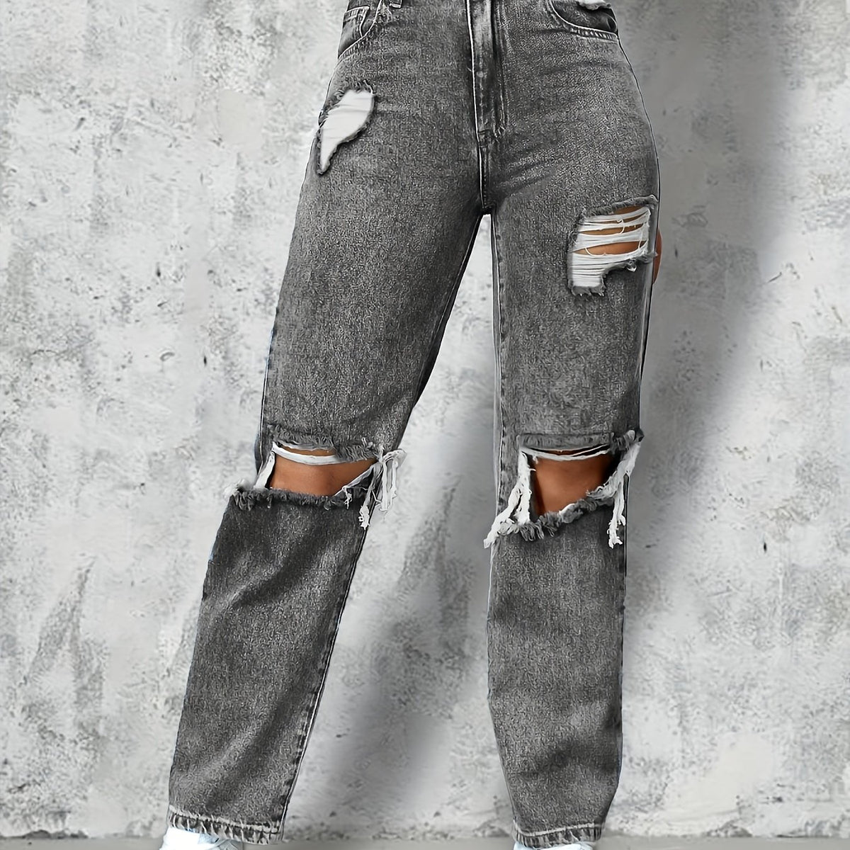 Grey Ripped Holes Straight Jeans Distressed Loose Fit Slash Pockets Denim Pants