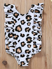 Leopard Print Ruffle Trim Swimsuit for Baby Girls
