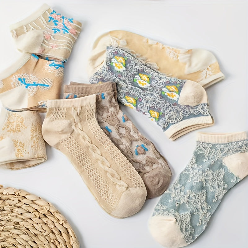 9 Pairs Floral Print Socks Retro Court Style Low Cut Ankle Socks