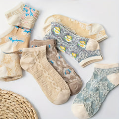 9 Pairs Floral Print Socks Retro Court Style Low Cut Ankle Socks